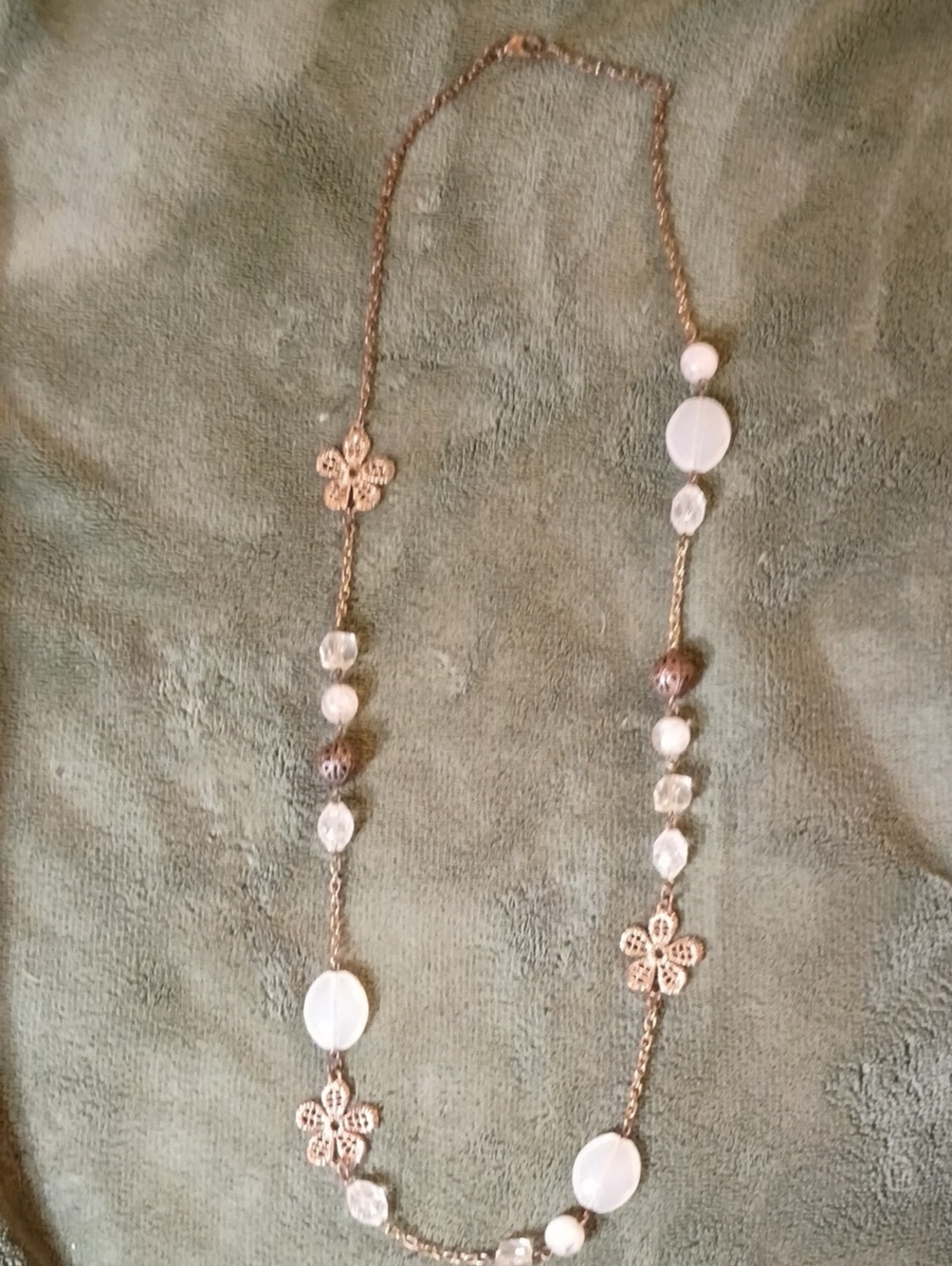 Gold Floral Station Necklace with White Beads Vintage